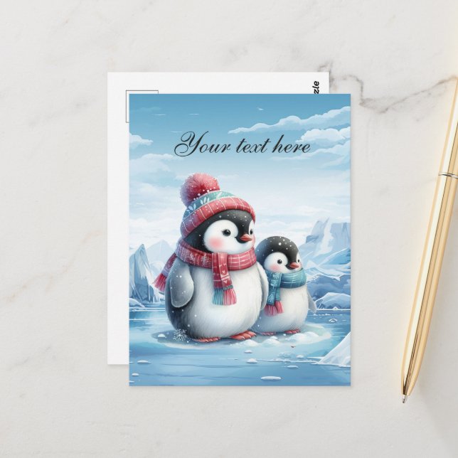 Cute Säsong Winter penguin add text Vykort (Fram/Back In Situ)