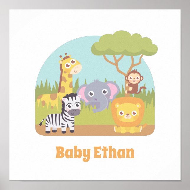 Cute Savannah Wild Animals Kids Nursery Decor Poster (Framsidan)