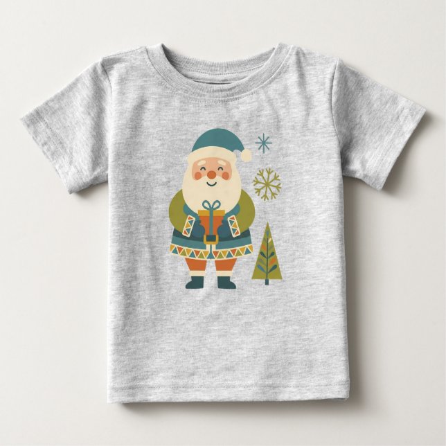 Cute Scandi Folk Art Santa with Gift Kids Holiday T Shirt (Framsida)