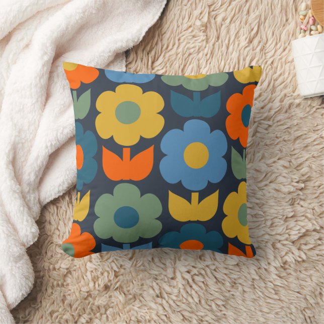 Cute Scandi Retro Modern Blommönster Blue Kudde (Filt)