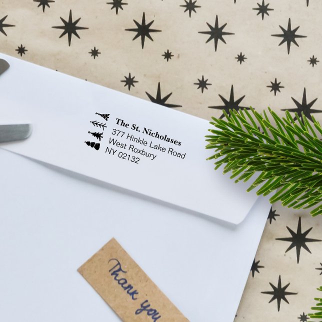 Cute Scandinavian God returadress Självfärgande Stämpel (Custom Scandinavian Christmas trees self inking stamp personalized with your address)