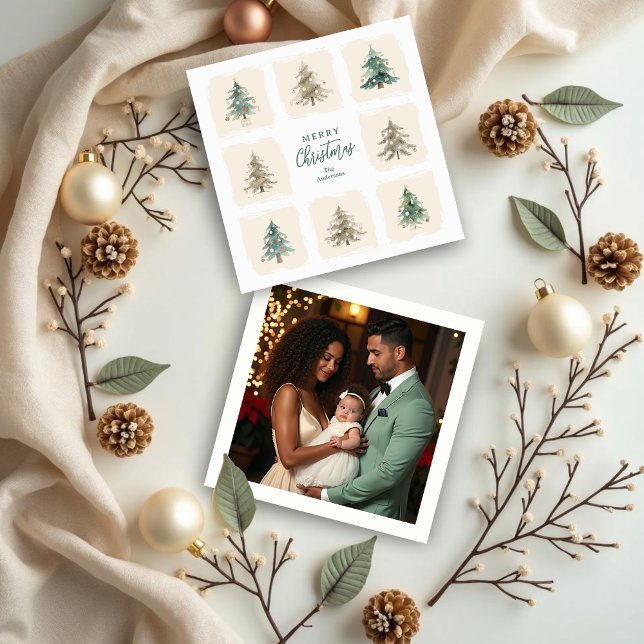 Cute Scandinavian Nordic Style Christmas Trees Julkort (Cute Scandinavian Nordic Style Christmas Trees Holiday Cards with Custom Back Family Photo.)