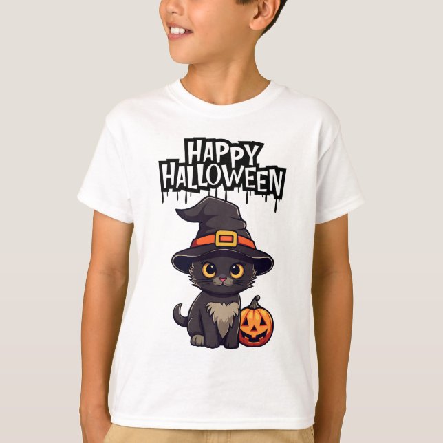 Cute Scary Black Cat med Pumpkin Jack o lantern T Shirt (Framsida)