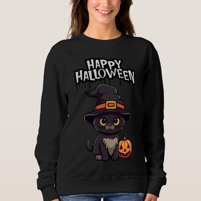 Cute Scary Black Cat med Pumpkin Jack o lantern T Shirt (Framsida)