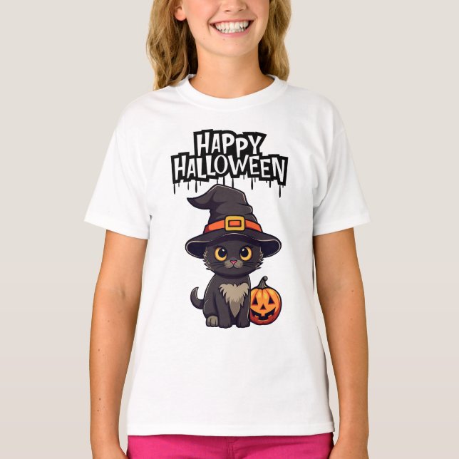 Cute Scary Black Cat med Pumpkin Jack o lantern T Shirt (Framsida)