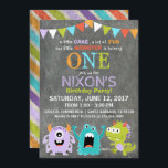 Cute Scary Little Monsters Birthday Inbjudningar<br><div class="desc">Cute och skrämmande små monster på kritbrädans bakgrund med färgstarkt grunge rand på födelsedagskalender.</div>