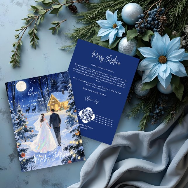 Cute Scene Enchanted Christmas Forest Wedding Spara Datumet (Cute Night Scene Enchanted Christmas Forest Wedding Couple Save the Date Cards with QR Code.)