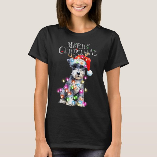 Cute Schnauzer Christmas Lights Xmas Dog Santa Hat T Shirt (Framsida)