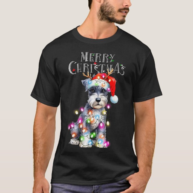 Cute Schnauzer Christmas Lights Xmas Dog Santa Hat T Shirt (Framsida)
