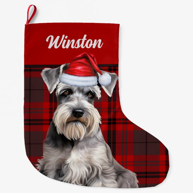 Cute Schnauzer Dog Holiday Plaid Personalized Stor Julstrumpa (Framsidan)