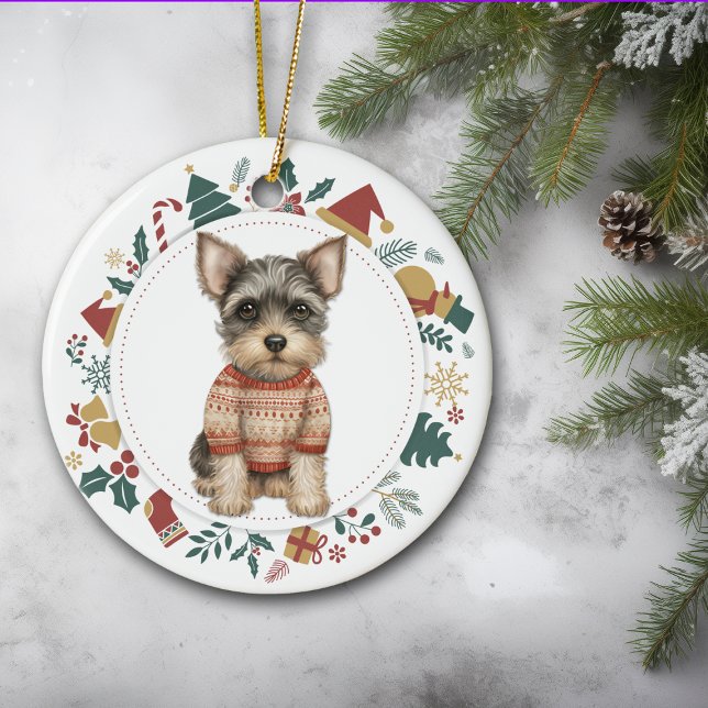 Cute Schnauzer-Hund i Vintersöt jul Julgransprydnad Keramik (Skapare uppladdad)