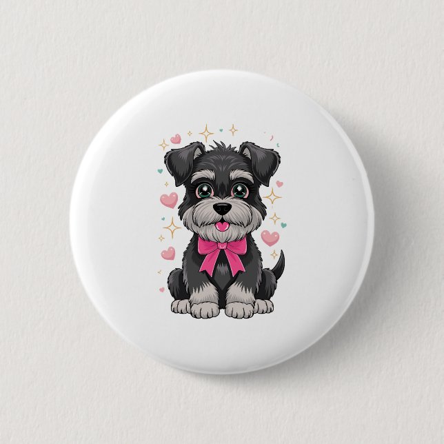 Cute Schnauzer med Rosa Bow omgiven av hörn Knapp (Framsida)