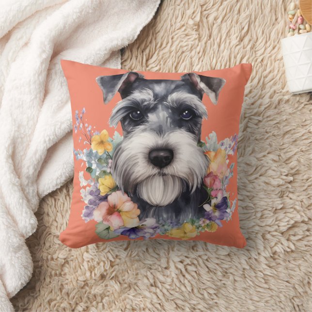 Cute Schnauzer Porträtt med Flowers Kudde (Filt)