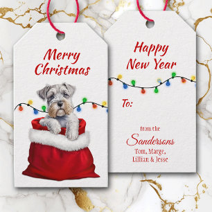 Cute Schnauzer Terrier-Hund i Santa Bag Gift-Märkr Presentetikett