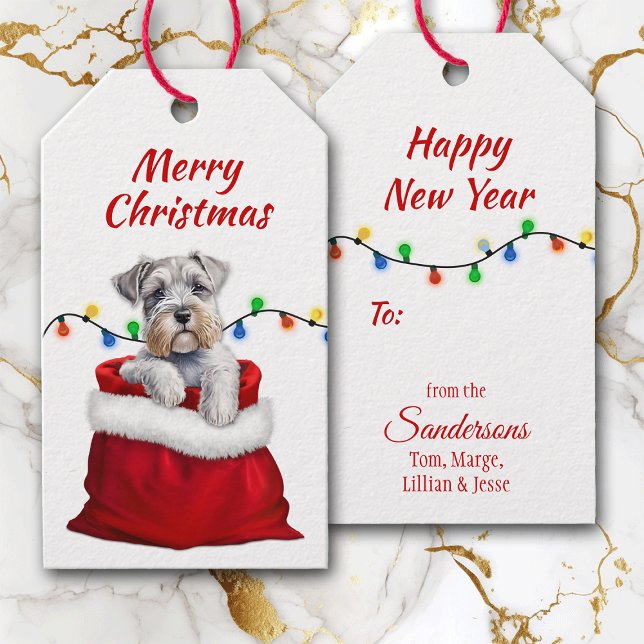 Cute Schnauzer Terrier-Hund i Santa Bag Gift-Märkr Presentetikett (Skapare uppladdad)