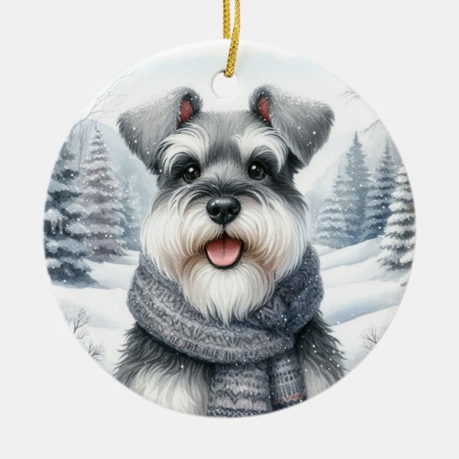 Cute Schnauzer Winter Wonderland jul Julgransprydnad Keramik (Framsidan)