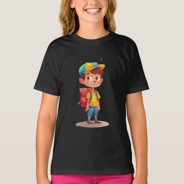 Cute School Boy T-Shirt for Kids – Happy Backpack  (Framsida)