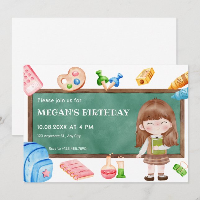 Cute School-kalkboard-födelsedag Inbjudningar (Fram/baksida)