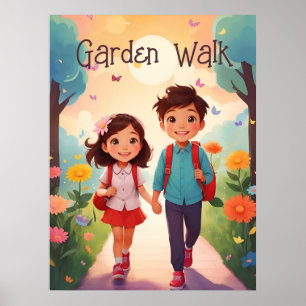 Cute School Kids in Garden Illustration AI Art Poster