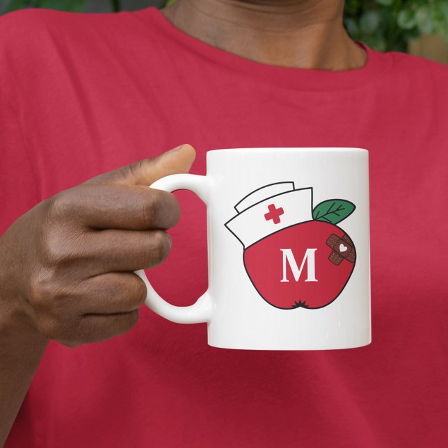 Cute School Nurse Apple Monogram Brown Plasters Kaffemugg (Skapare uppladdad)