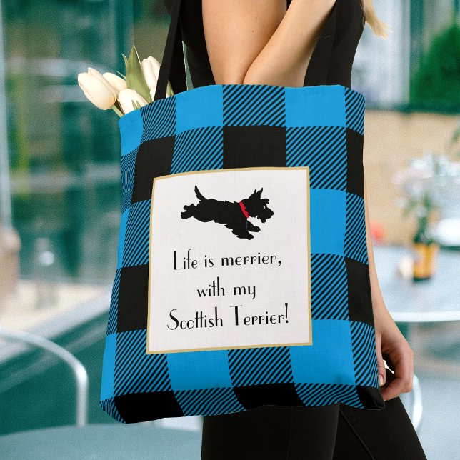 Cute Scottie Hund Buffalo Play Blue Tote Bag Tygkasse (Skapare uppladdad)