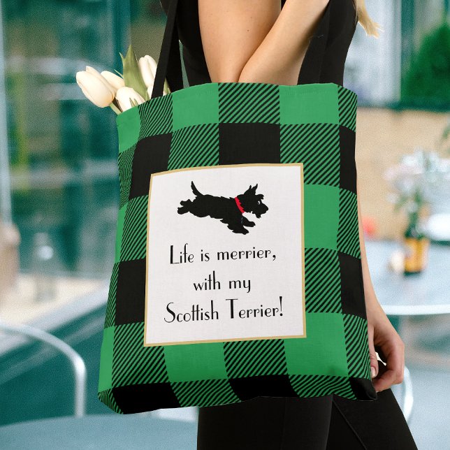 Cute Scottie Hund Buffalo Play Grönt Tote Bag Tygkasse (Skapare uppladdad)