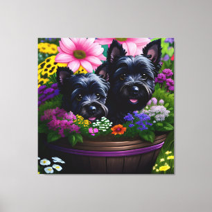 Cute Scottie Terrier Puppies i Basket 9 Canvastryck