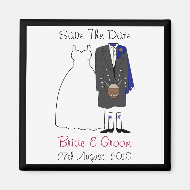 Cute Scottish Bride & Groom Save the Date (blått) Magnet (Framsidan)