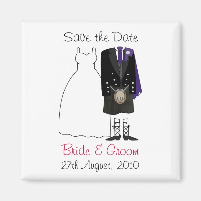 Cute Scottish Bride & Groom Spara datum magneter (Framsidan)