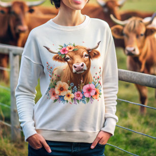 Cute Scottish Highland Cow Blommigt T Shirt