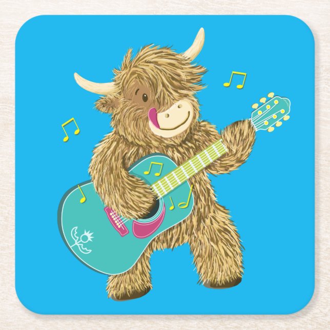 Cute Scottish Highland Cow Plays Guitar Underlägg Papper Kvadrat (Framsidan)