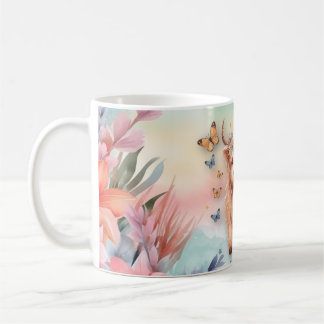 Cute Scottish Highland Cow & Vild Flowers Watercol Kaffemugg