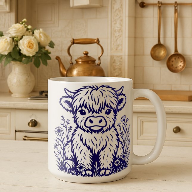 Cute Scottish Highland Cow & Wildblommor Kaffemugg (Skapare uppladdad)
