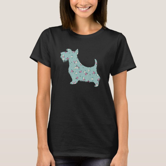 Cute Scottish Terrier Flower Blommigt Silhouette H T Shirt (Framsida)