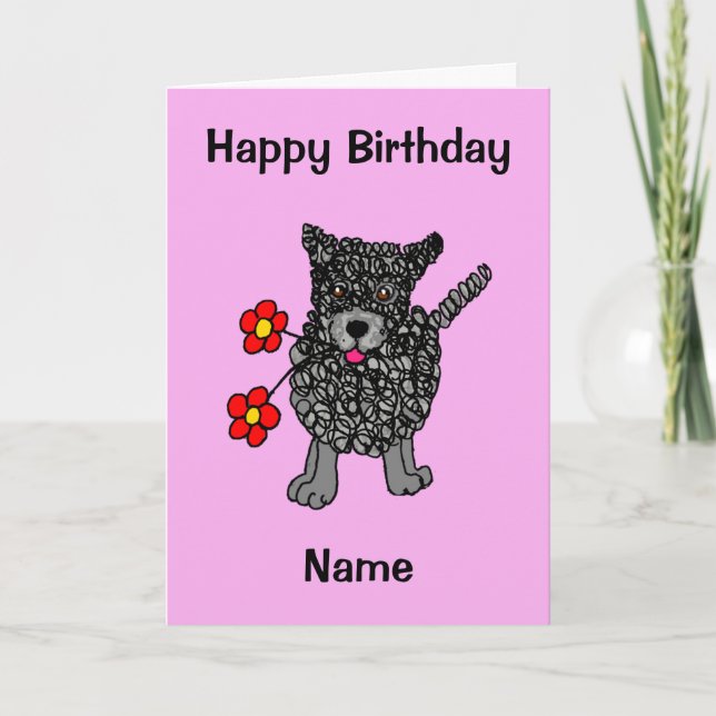 Cute Scribated Hund Rosa Tecknad Birthday Kort (Framsida)