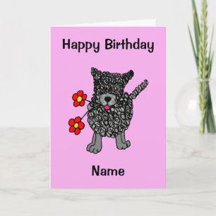 Cute Scribated Hund Rosa Tecknad Birthday Kort