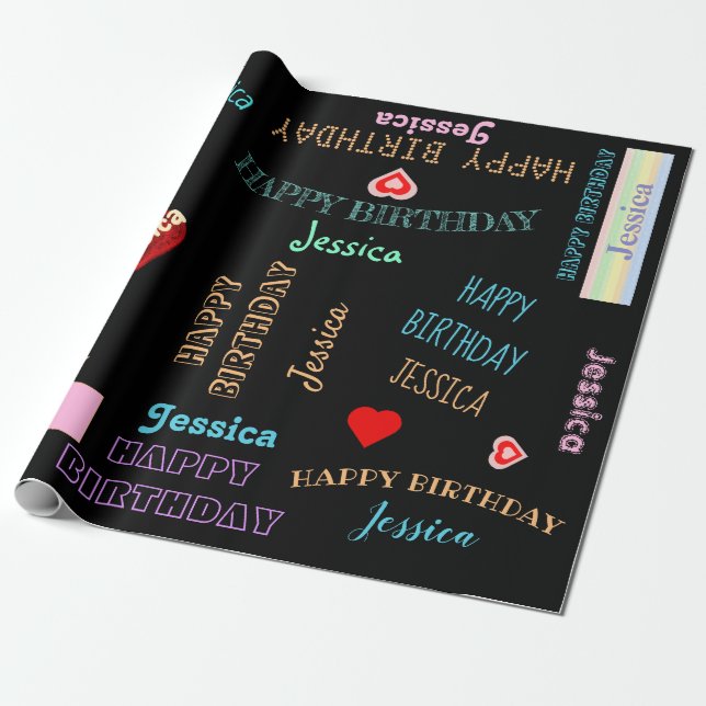 Cute Script Birthday Girl Namn Hearearts Black Presentpapper (Utrullad)