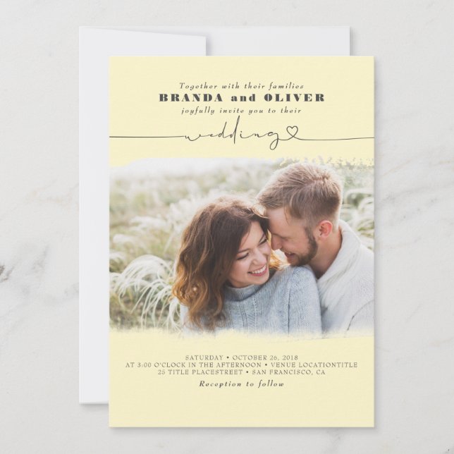 Cute Script Elegant Photo Overlay Gult Bröllop Inbjudningar (Framsida)