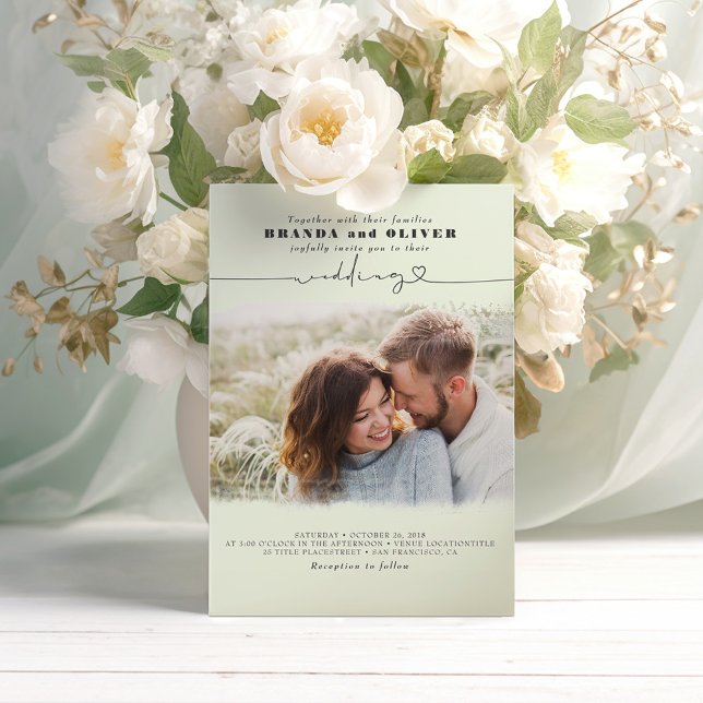 Cute Script Elegant Photo Overlay Sage Bröllop Inbjudningar (Sage Green Wedding Photo Invitations)