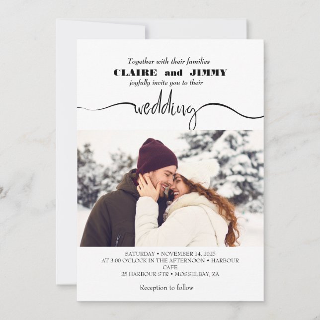 Cute Script Elegant Photo Overlay White Wedin Inbjudningar (Framsida)
