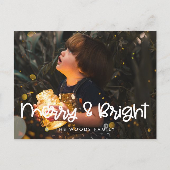 Cute script Merry och Bright Helgdag foto Vykort (Framsida)