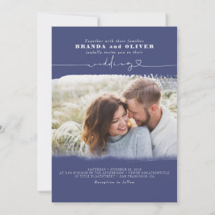 Cute Script Navy Blue Photo Overlay Bröllop Inbjudningar