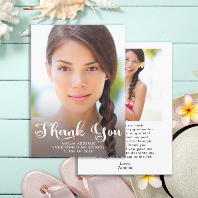 Cute Script Studenten 2 Photo Tack Inbjudningar (2-sided, 2-photo graduation "Thank you" card)