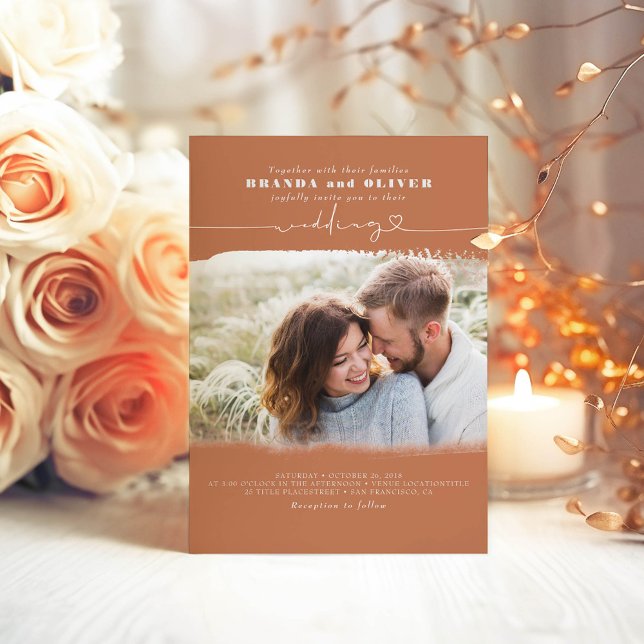Cute Script Terracotta Photo Overlay Bröllop Inbjudningar (Terracotta Wedding Photo Invitations)