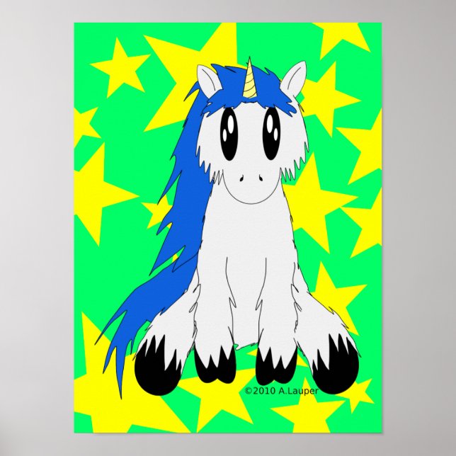 Cute SCruffy Unicorn Poster (blått) (Framsidan)
