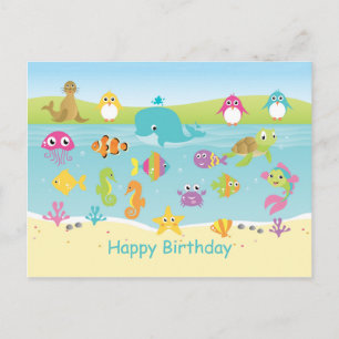 Cute Sea animals Barns födelsedag vycard Vykort
