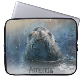 Cute Sea Lejon Watercolor Monogram Wildlife Laptop Fodral