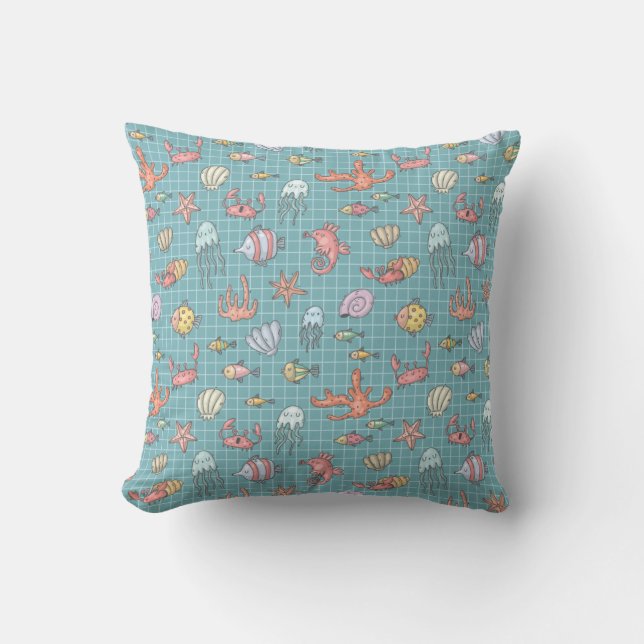 Cute Sea Life Ocean Animals Whimsical Mönster Teal Kudde (Framsida)