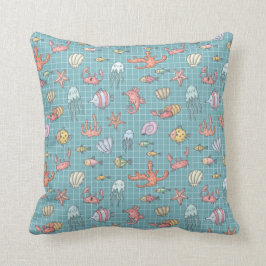 Cute Sea Life Ocean Animals Whimsical Mönster Teal Kudde