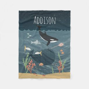 Cute Sea och Whimsical Night Ocean Orca Kids Fleecefilt